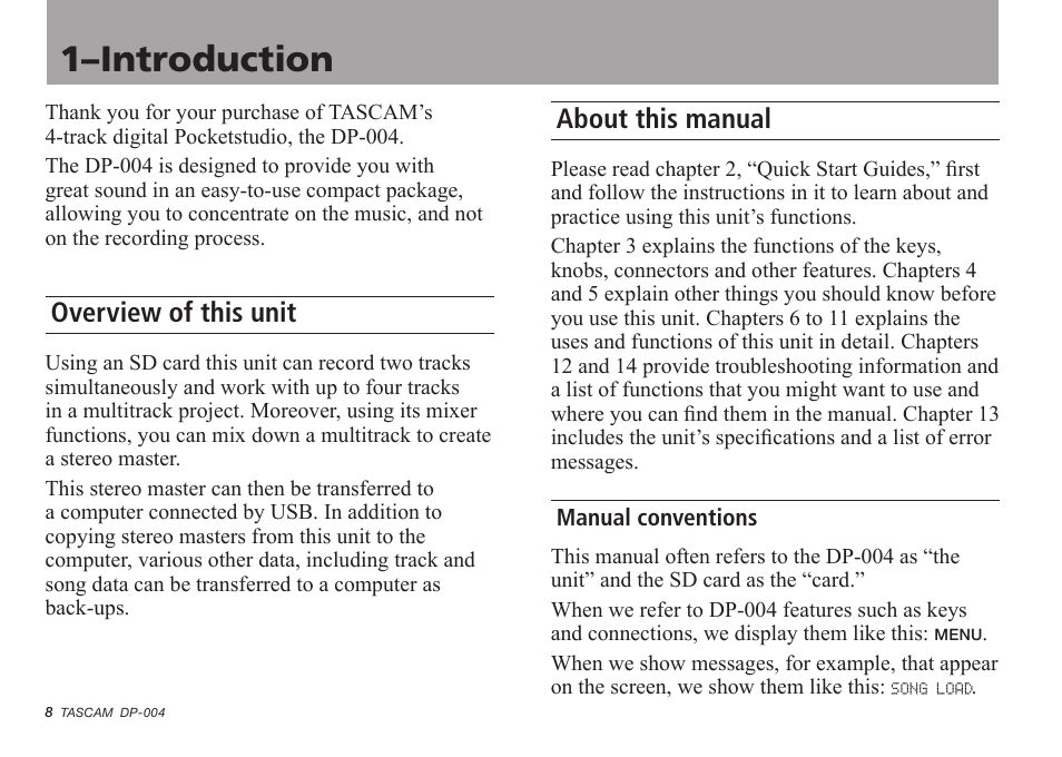 Introduction, Overview of this unit, About this manual | Manual conventions, 1–introduction | Tascam DP-004 User Manual | Page 8 / 112