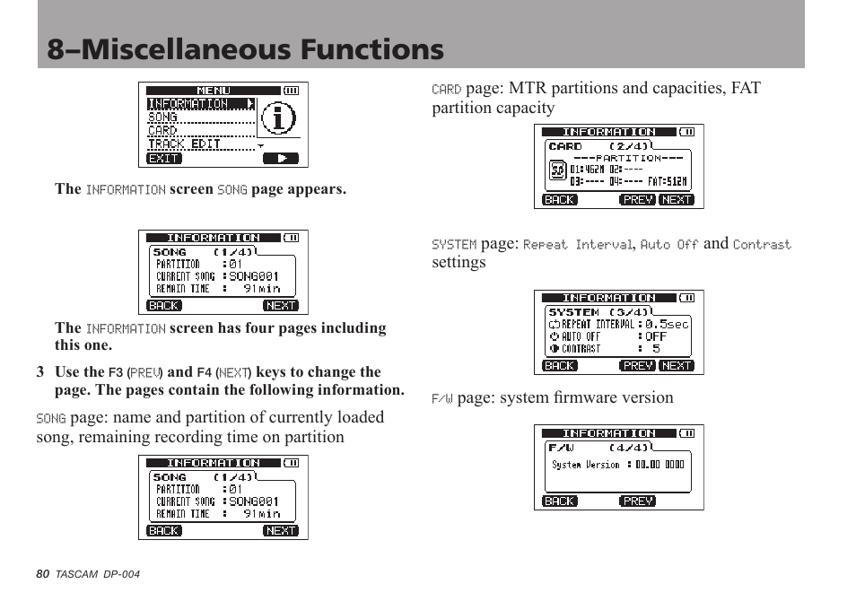 8–miscellaneous functions | Tascam DP-004 User Manual | Page 80 / 112