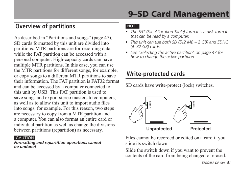 Overview of partitions, Write-protected cards, 9–sd card management | For more information about partitions see “9–sd, Ng (see “9–sd card management” on | Tascam DP-004 User Manual | Page 81 / 112