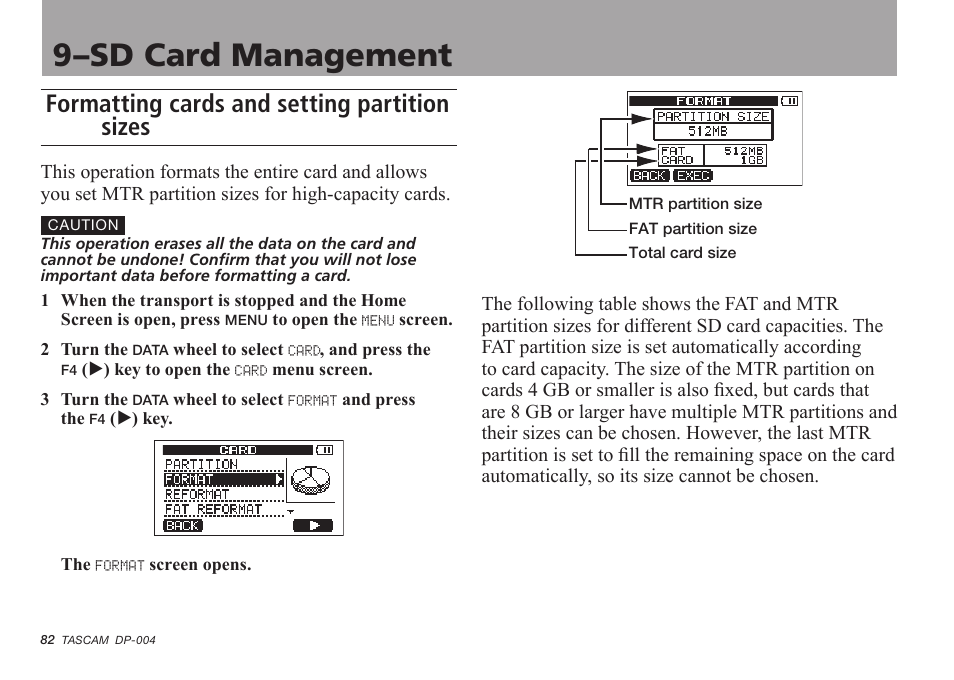 Formatting cards and setting partition sizes, 9–sd card management | Tascam DP-004 User Manual | Page 82 / 112