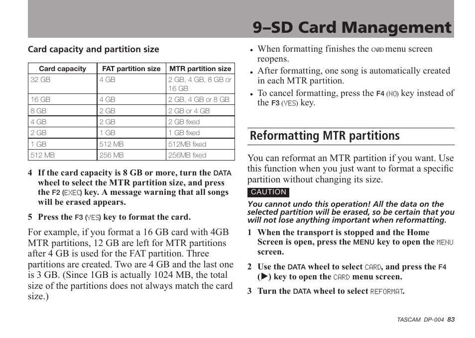 Reformatting mtr partitions, 9–sd card management | Tascam DP-004 User Manual | Page 83 / 112