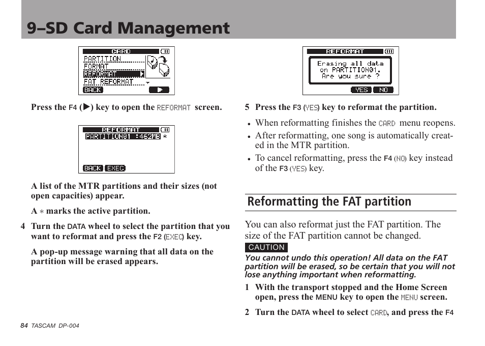 Reformatting the fat partition, 9–sd card management | Tascam DP-004 User Manual | Page 84 / 112