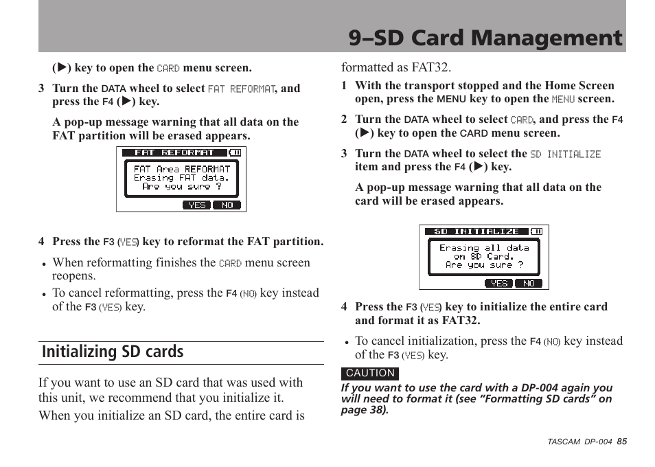 Initializing sd cards, 9–sd card management | Tascam DP-004 User Manual | Page 85 / 112