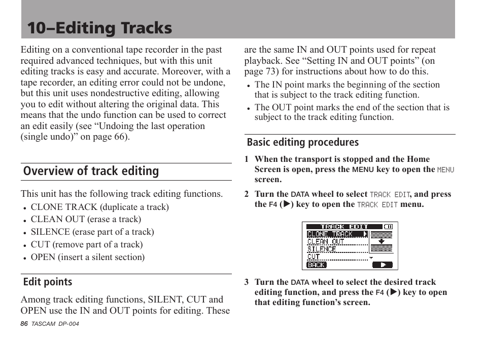 Editing tracks, Overview of track editing, Edit points | Basic editing procedures, 10–editing tracks | Tascam DP-004 User Manual | Page 86 / 112