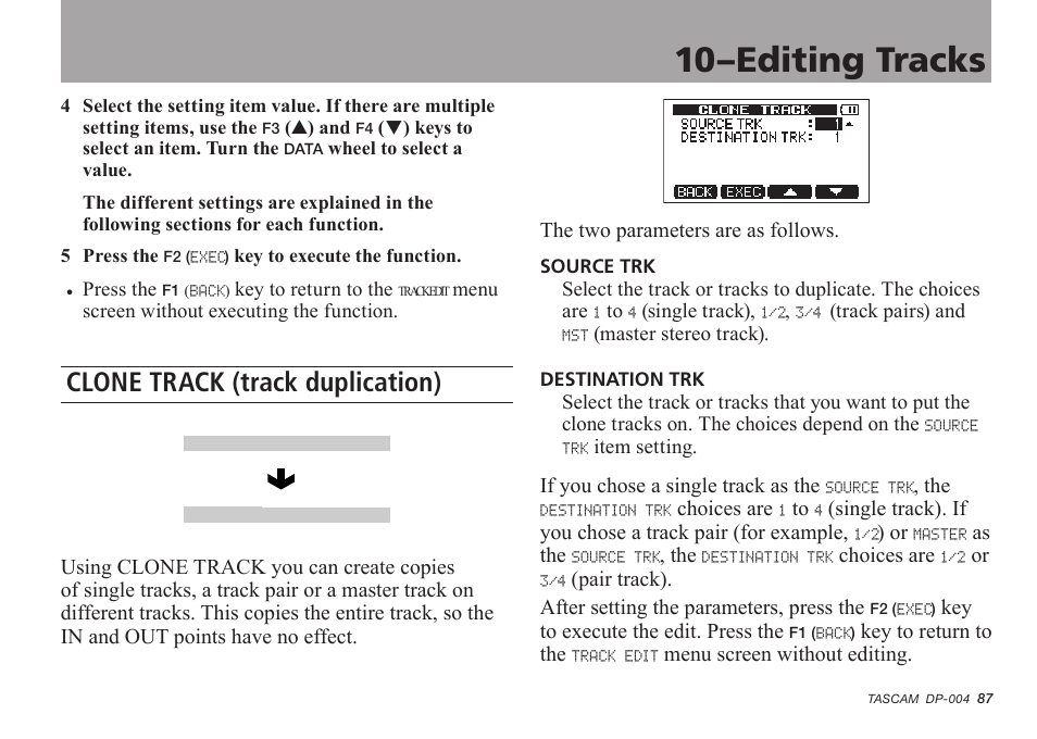 Clone track (track duplication), 10–editing tracks | Tascam DP-004 User Manual | Page 87 / 112