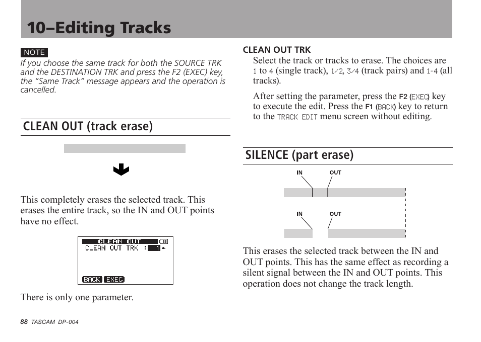 Clean out (track erase), Silence (part erase), 10–editing tracks | Tascam DP-004 User Manual | Page 88 / 112