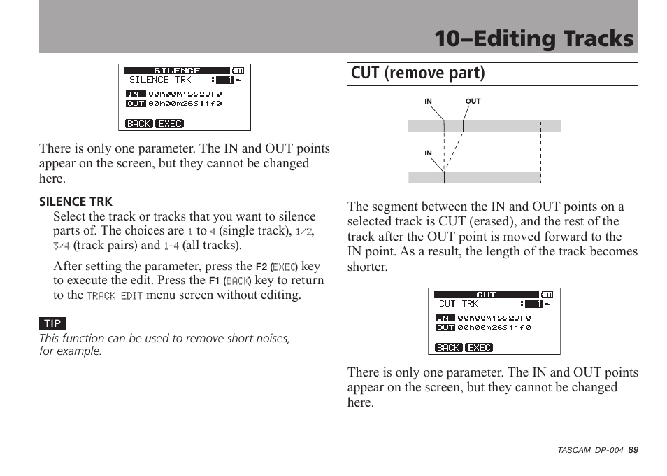 Cut (remove part), 10–editing tracks | Tascam DP-004 User Manual | Page 89 / 112