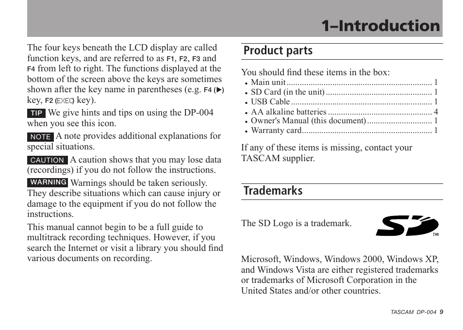 Product parts, Trademarks, 1–introduction | Tascam DP-004 User Manual | Page 9 / 112