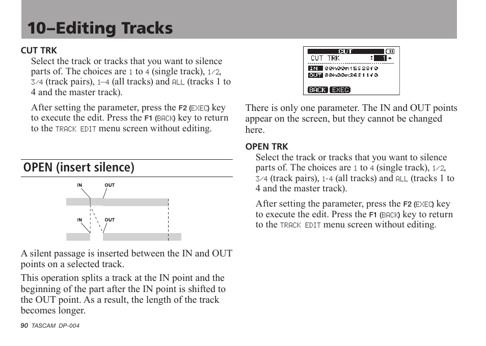 Open (insert silence), 10–editing tracks | Tascam DP-004 User Manual | Page 90 / 112