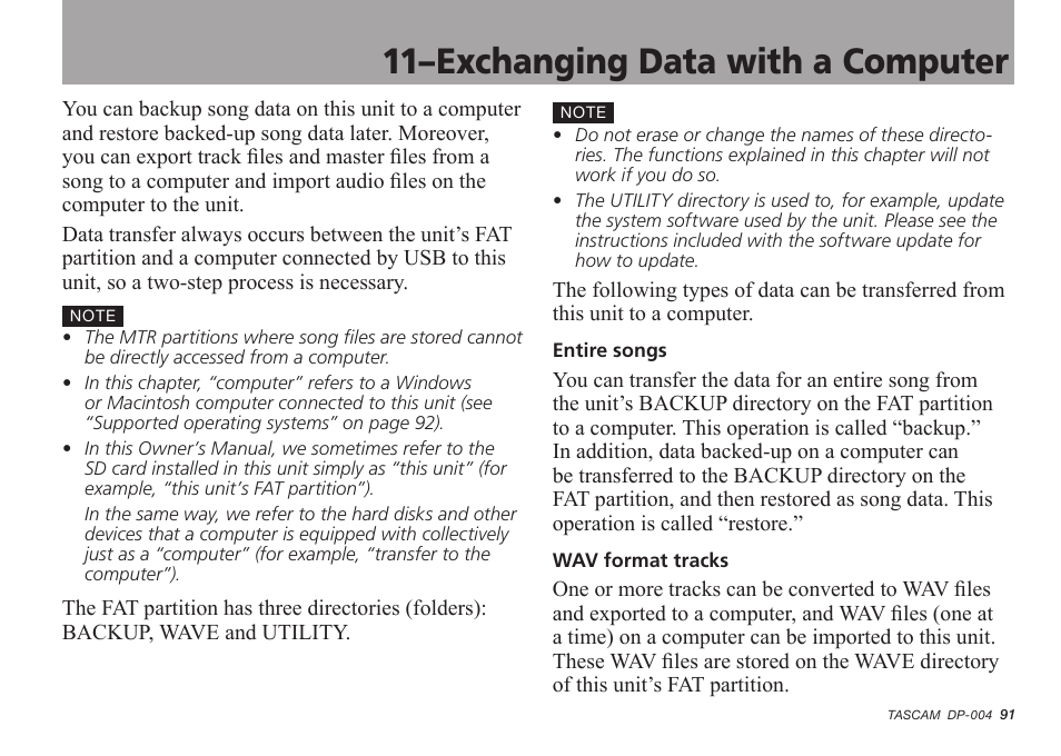 Exchanging data with a computer, 11–exchanging data with a computer | Tascam DP-004 User Manual | Page 91 / 112