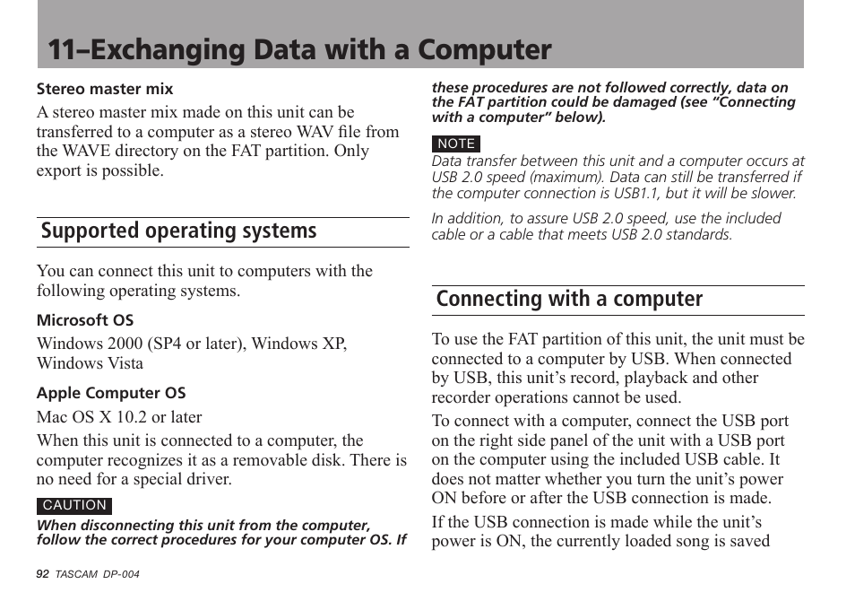 Supported operating systems, Connecting with a computer, 11–exchanging data with a computer | Tascam DP-004 User Manual | Page 92 / 112