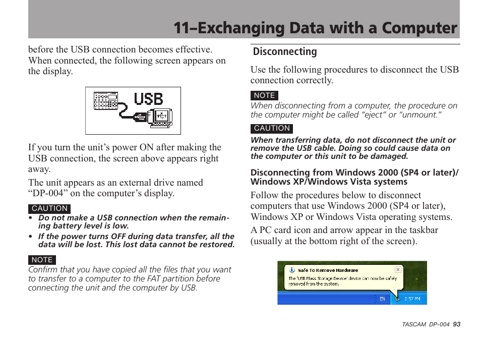 Disconnecting, 11–exchanging data with a computer | Tascam DP-004 User Manual | Page 93 / 112