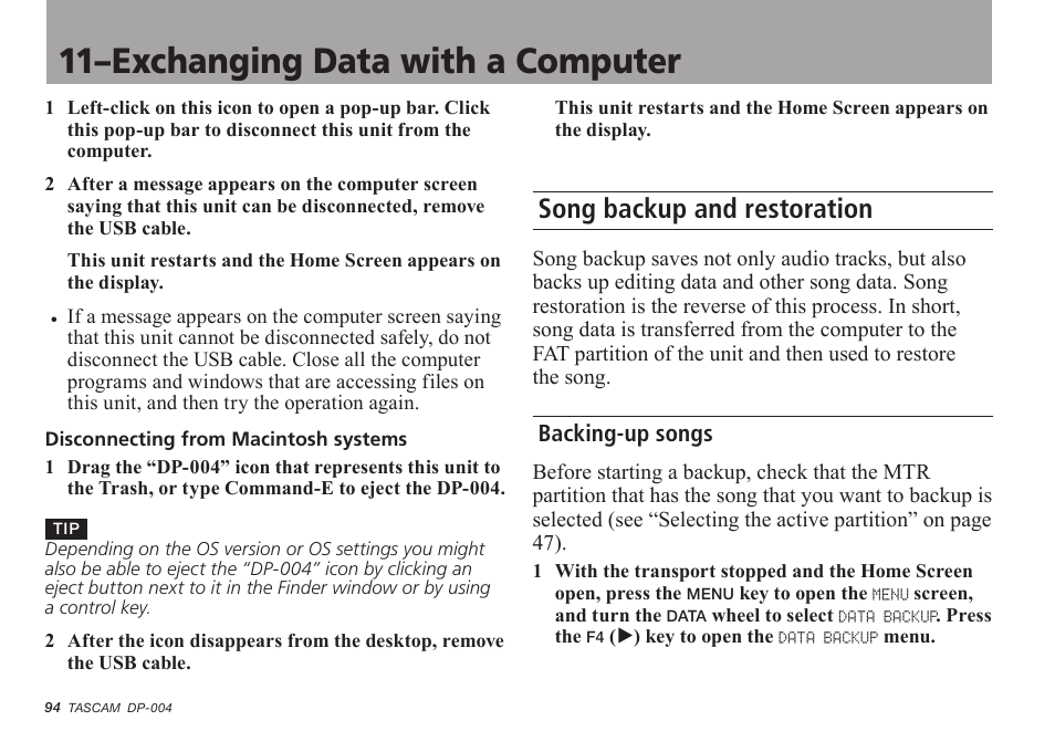 Song backup and restoration, Backing-up songs, E “backing-up songs | 11–exchanging data with a computer | Tascam DP-004 User Manual | Page 94 / 112