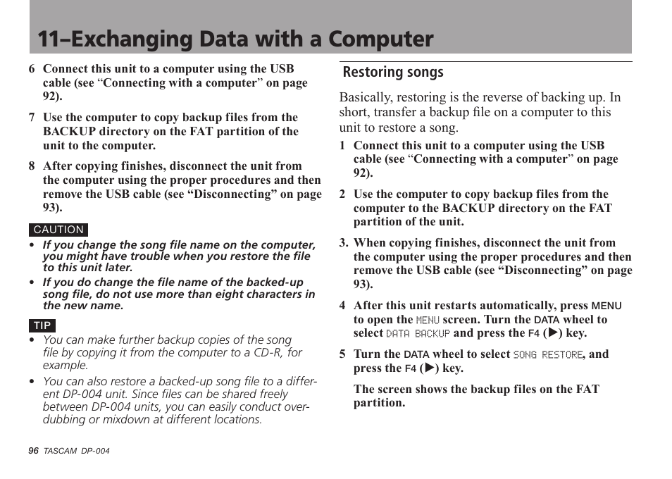 Restoring songs, 11–exchanging data with a computer | Tascam DP-004 User Manual | Page 96 / 112