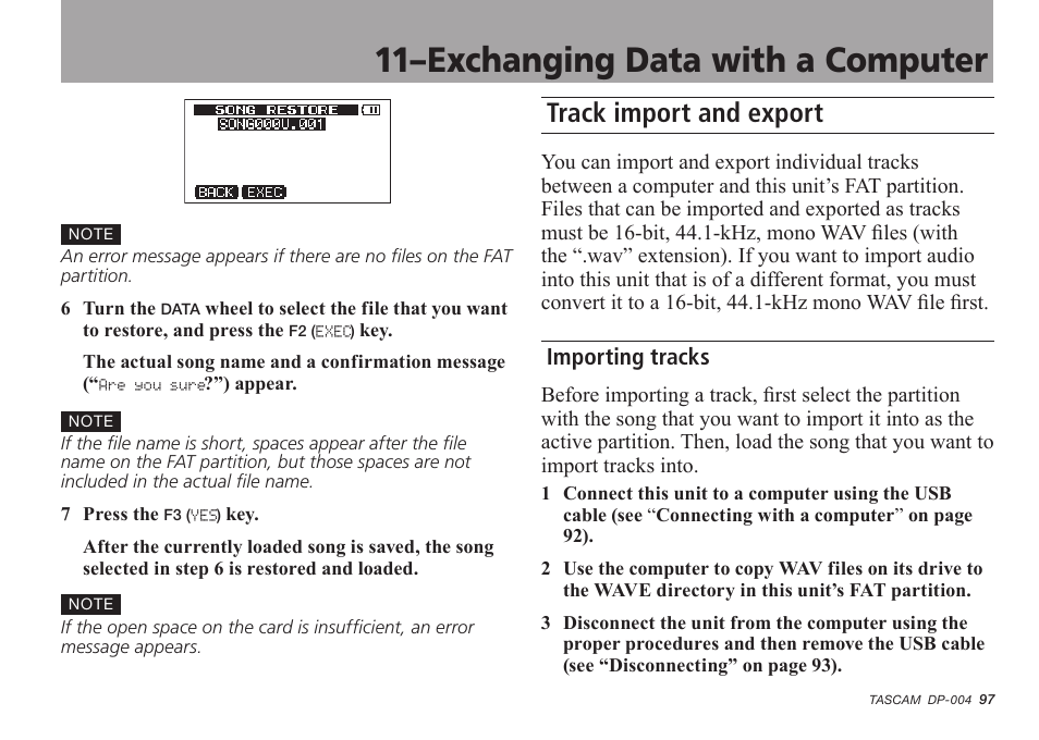 Track import and export, Importing tracks, 11–exchanging data with a computer | Tascam DP-004 User Manual | Page 97 / 112