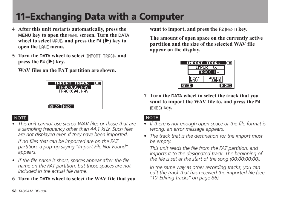 11–exchanging data with a computer | Tascam DP-004 User Manual | Page 98 / 112