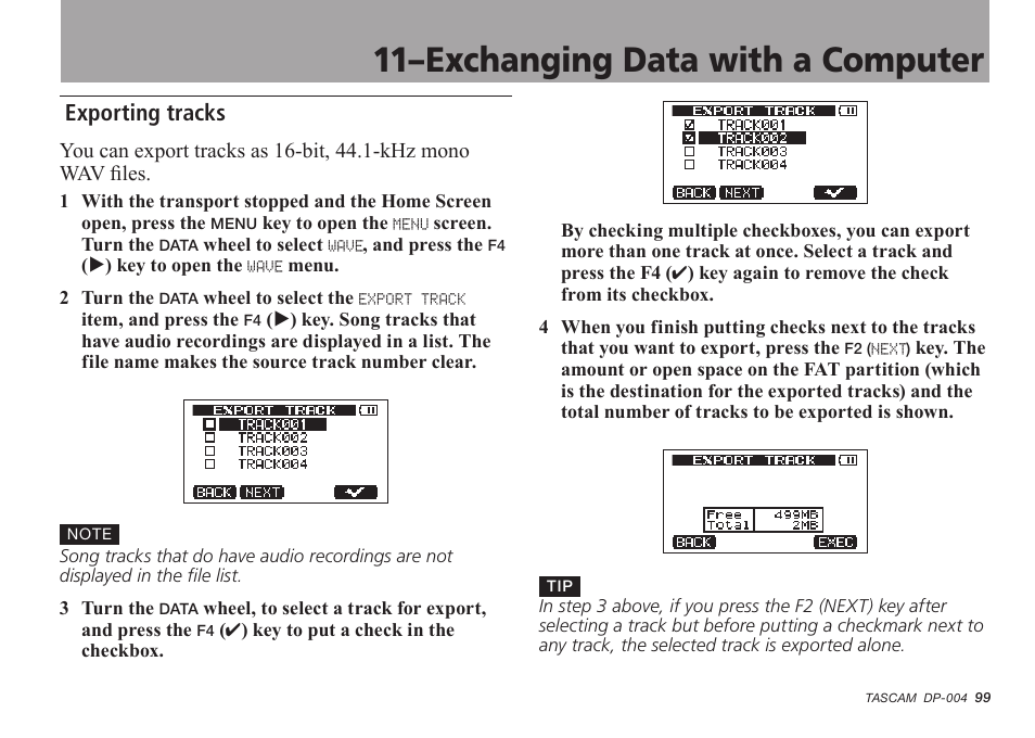 Exporting tracks, 11–exchanging data with a computer | Tascam DP-004 User Manual | Page 99 / 112