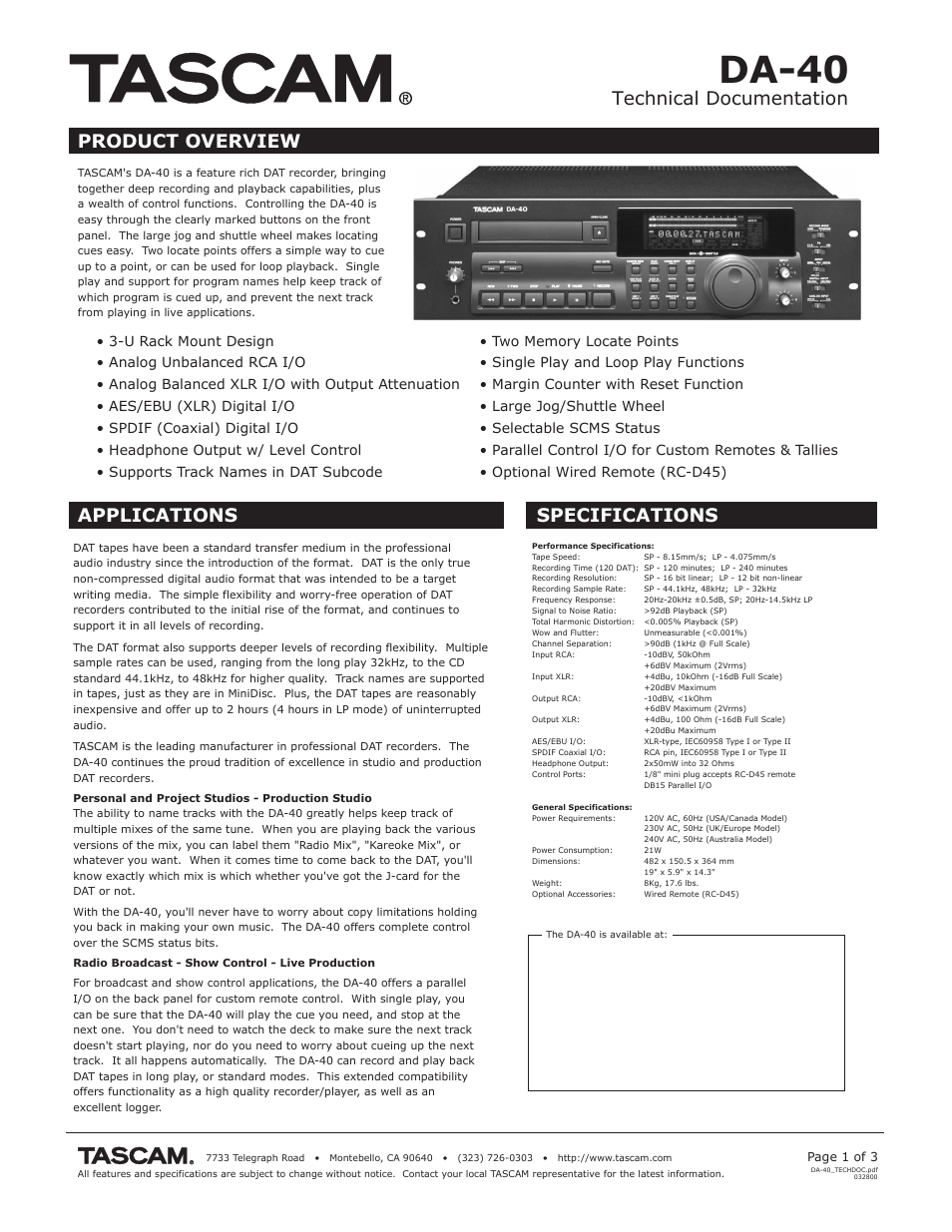 Tascam DA-40 User Manual | 3 pages