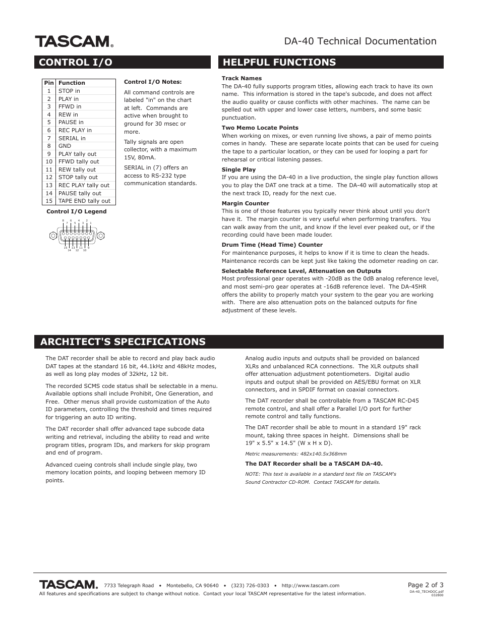 Da-40 technical documentation | Tascam DA-40 User Manual | Page 2 / 3