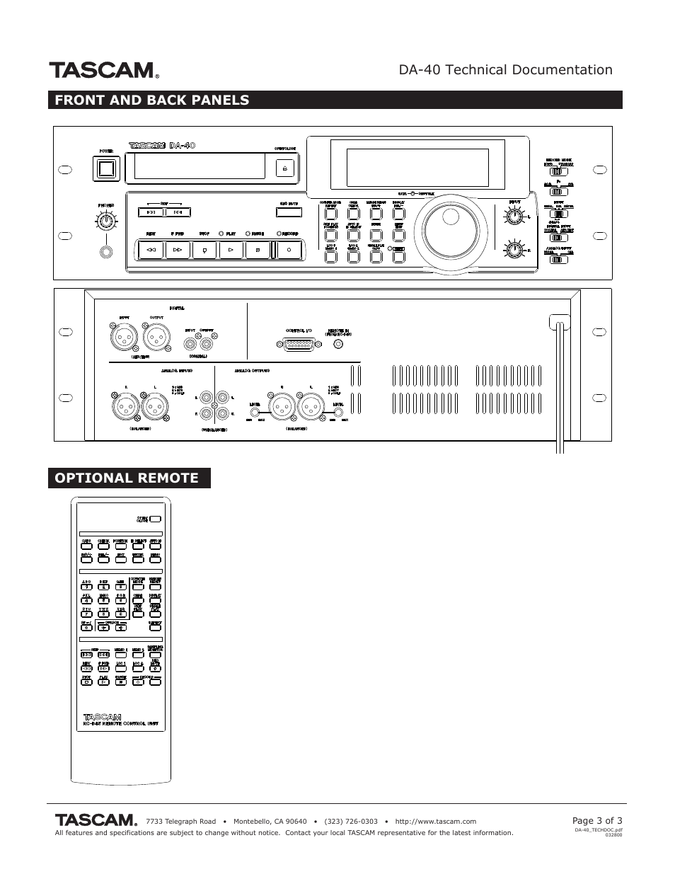 Da-40 technical documentation, Front and back panels optional remote | Tascam DA-40 User Manual | Page 3 / 3