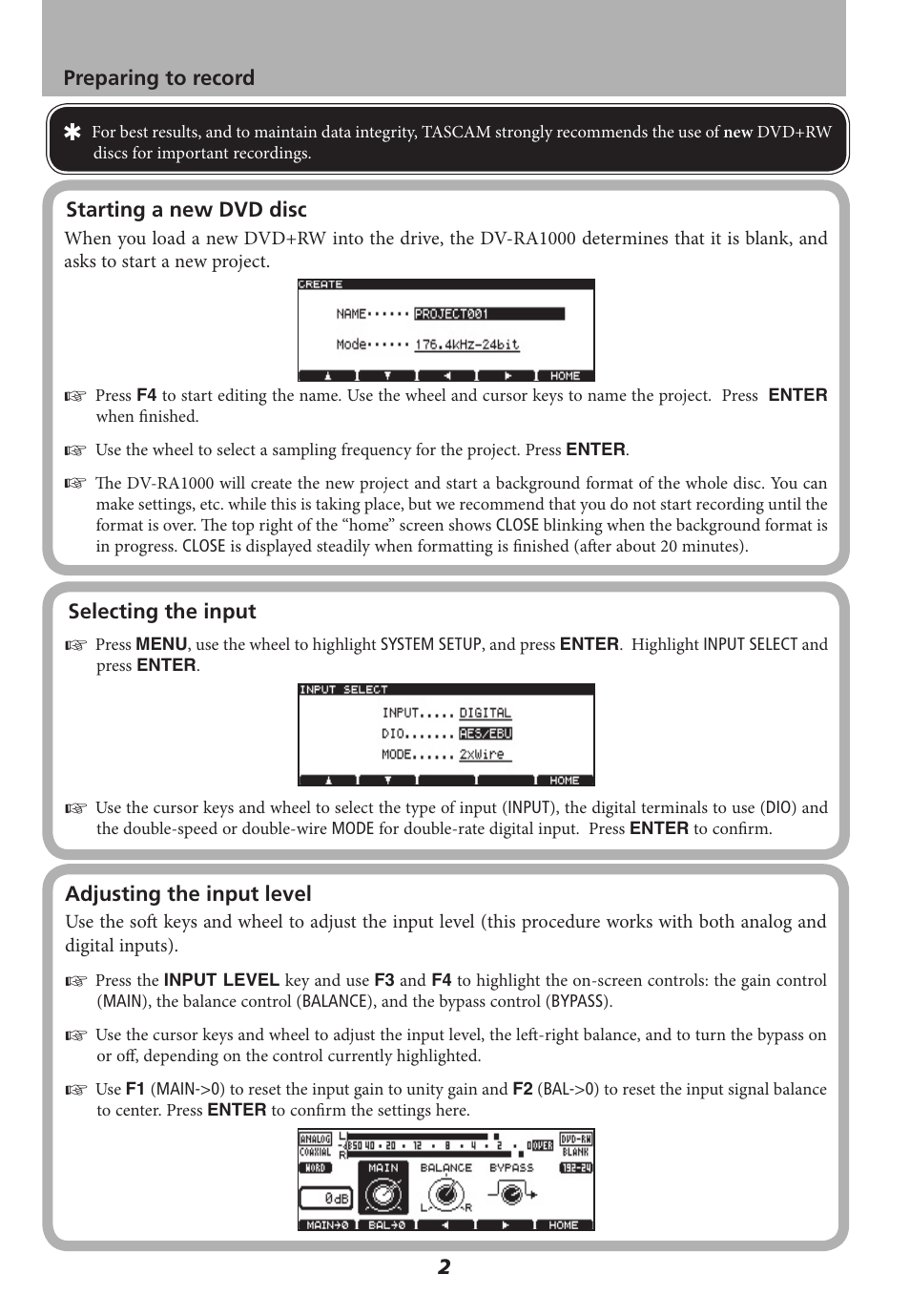 Starting a new dvd disc, Selecting the input, Adjusting the input level | Tascam DV-RA1000 User Manual | Page 2 / 4