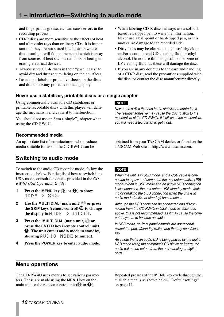 1 – introduction—switching to audio mode, Switching to audio mode, Menu operations | Tascam CD-RW4U User Manual | Page 10 / 32