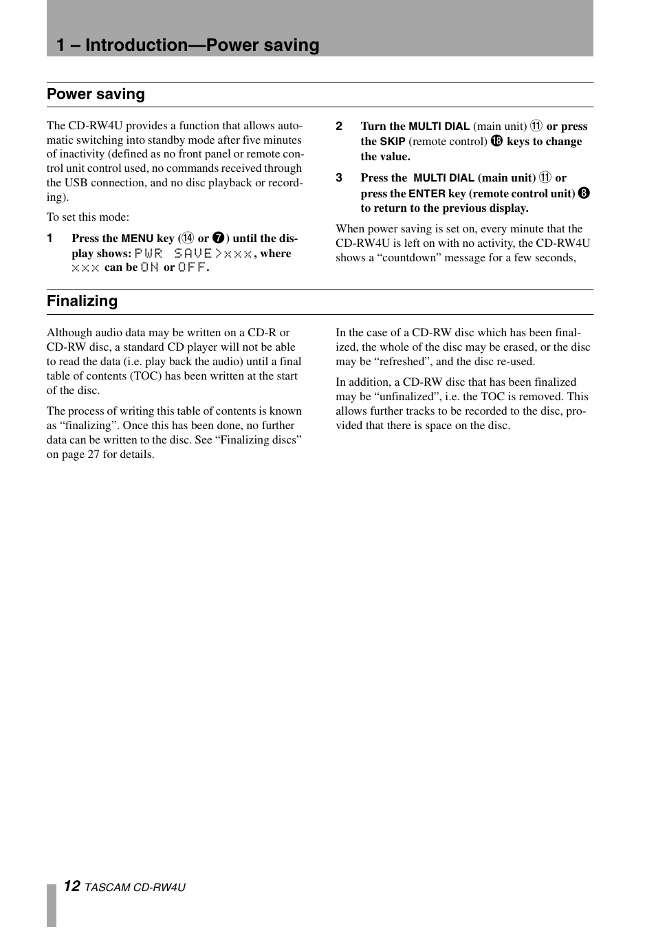 1 – introduction—power saving, Power saving, Finalizing | Tascam CD-RW4U User Manual | Page 12 / 32