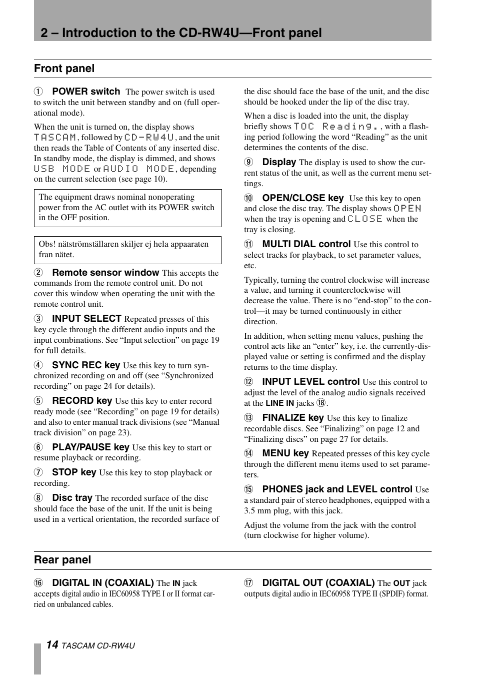 Ial out, 2 – introduction to the cd-rw4u—front panel, Front panel | Rear panel | Tascam CD-RW4U User Manual | Page 14 / 32
