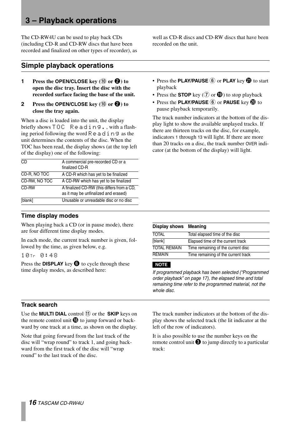 3 – playback operations, Simple playback operations | Tascam CD-RW4U User Manual | Page 16 / 32