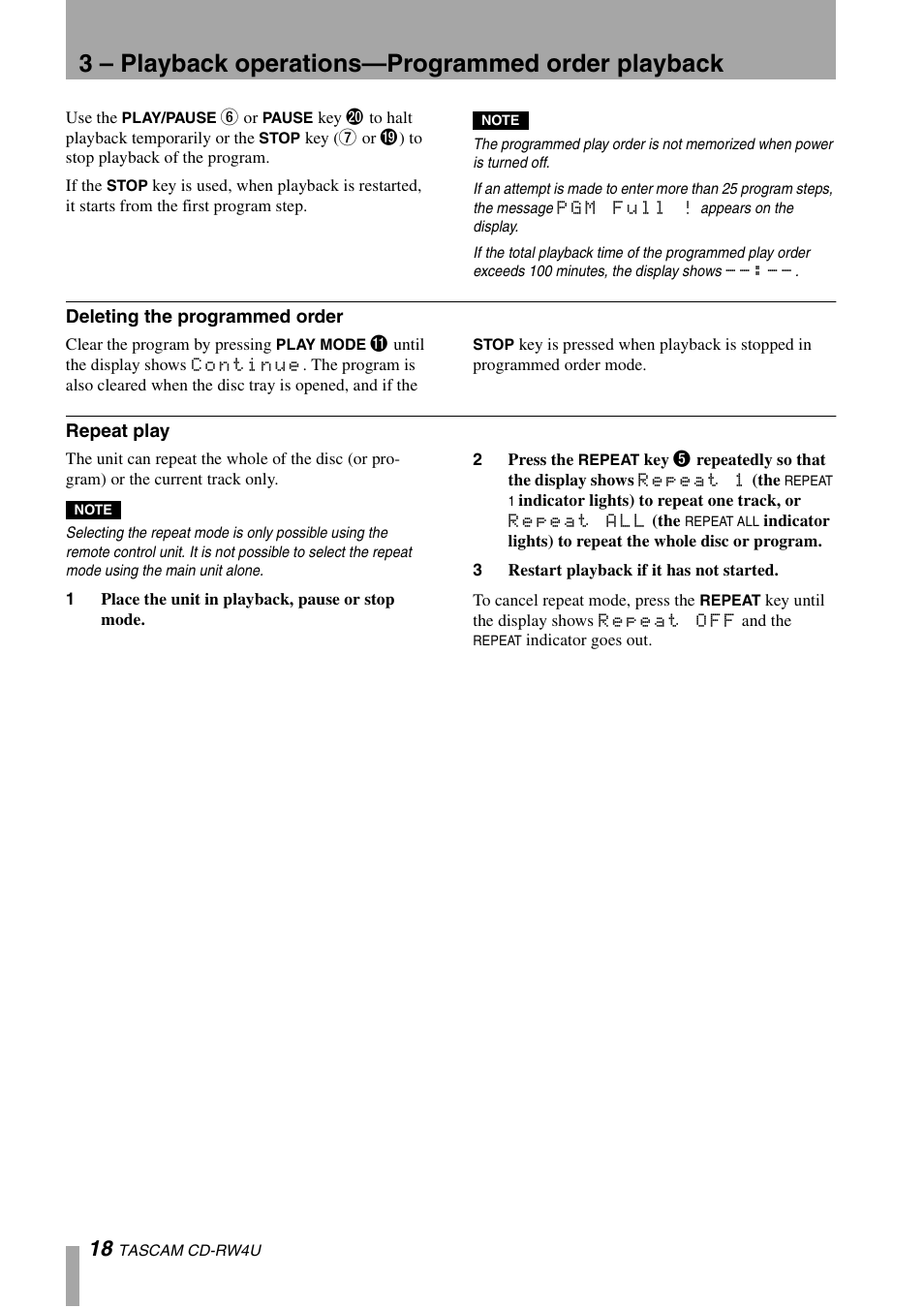 3 – playback operations—programmed order playback | Tascam CD-RW4U User Manual | Page 18 / 32