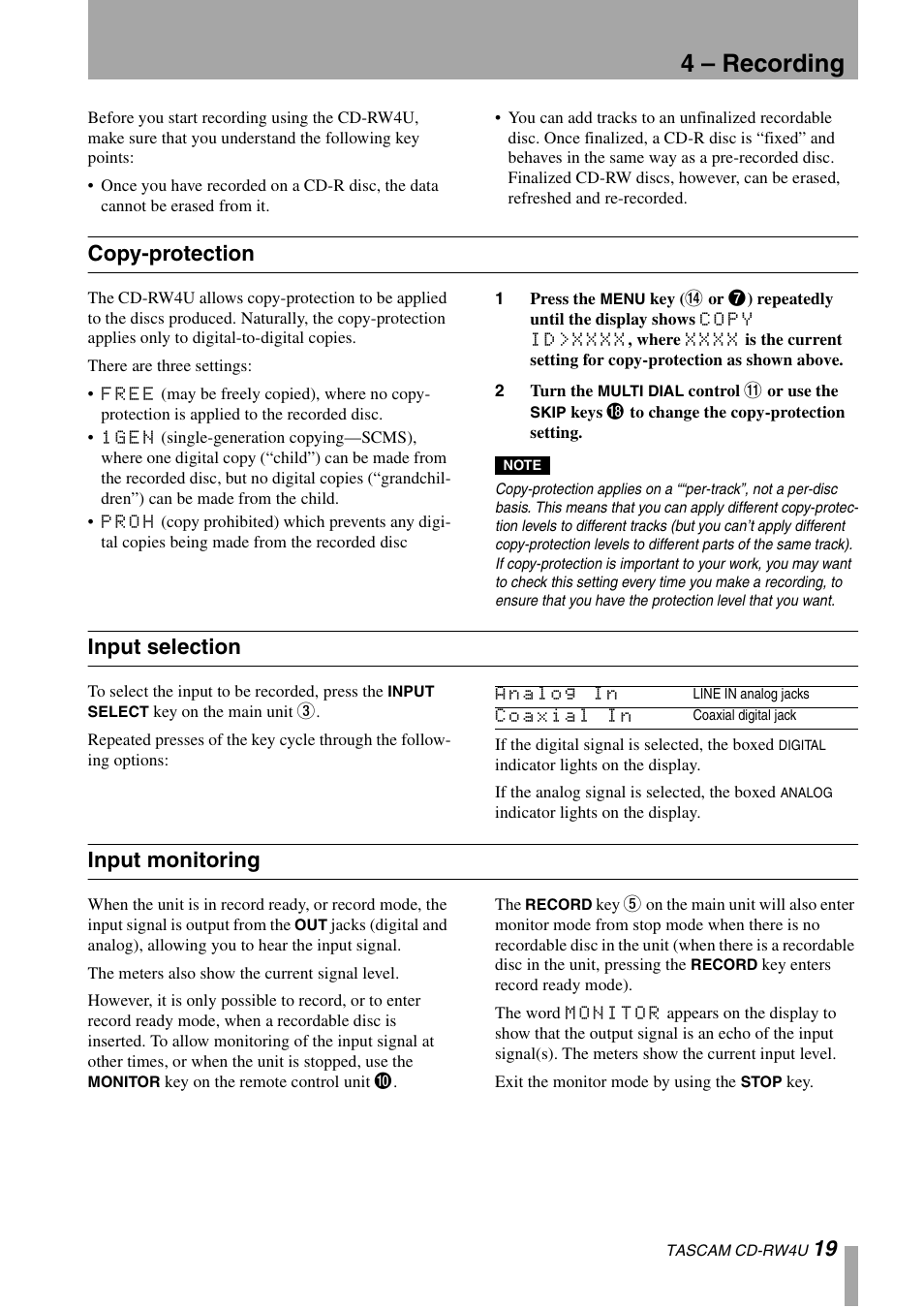 4 – recording, Copy-protection, Input selection | Input monitoring | Tascam CD-RW4U User Manual | Page 19 / 32