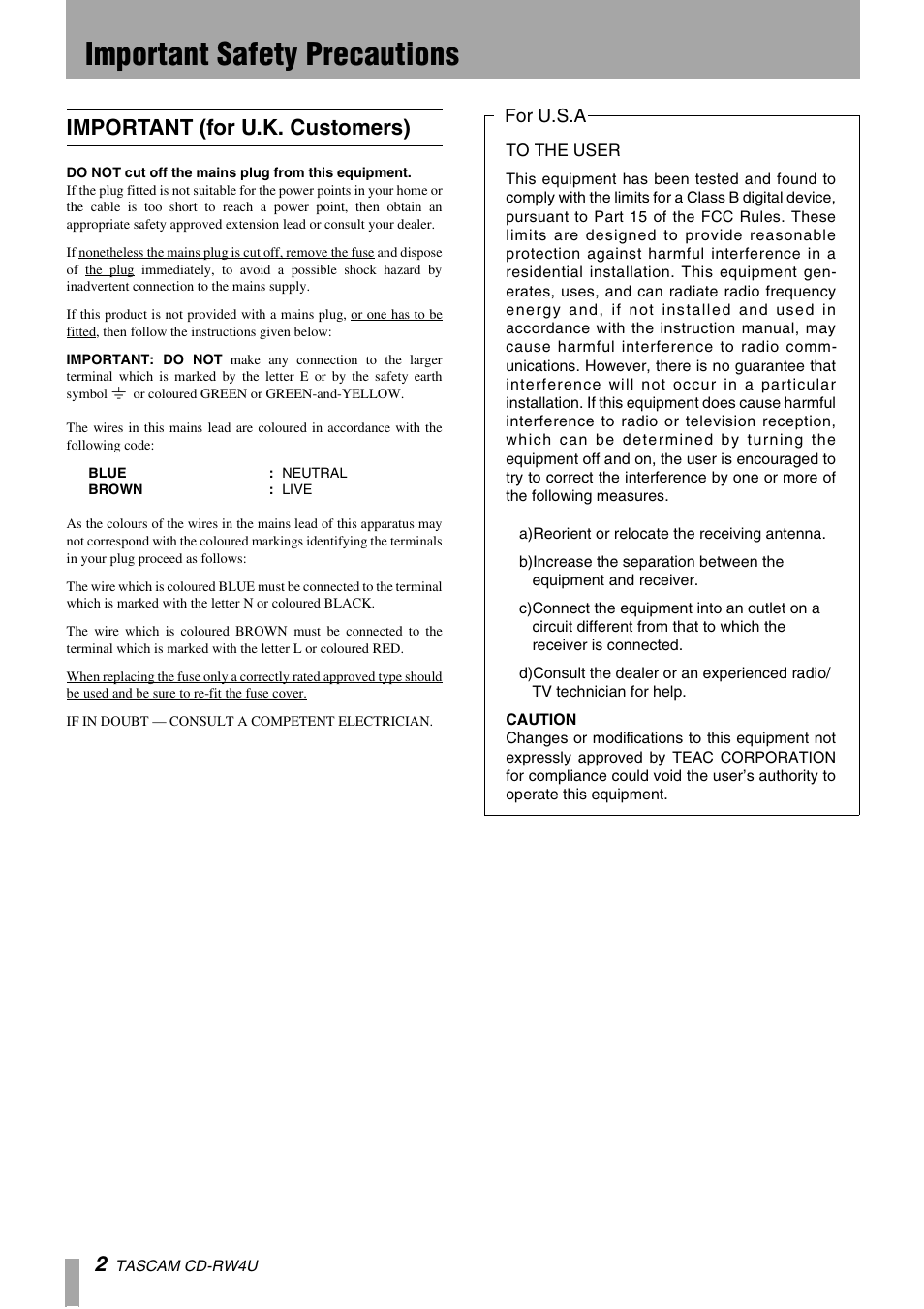 Important safety precautions, Important (for u.k. customers) | Tascam CD-RW4U User Manual | Page 2 / 32