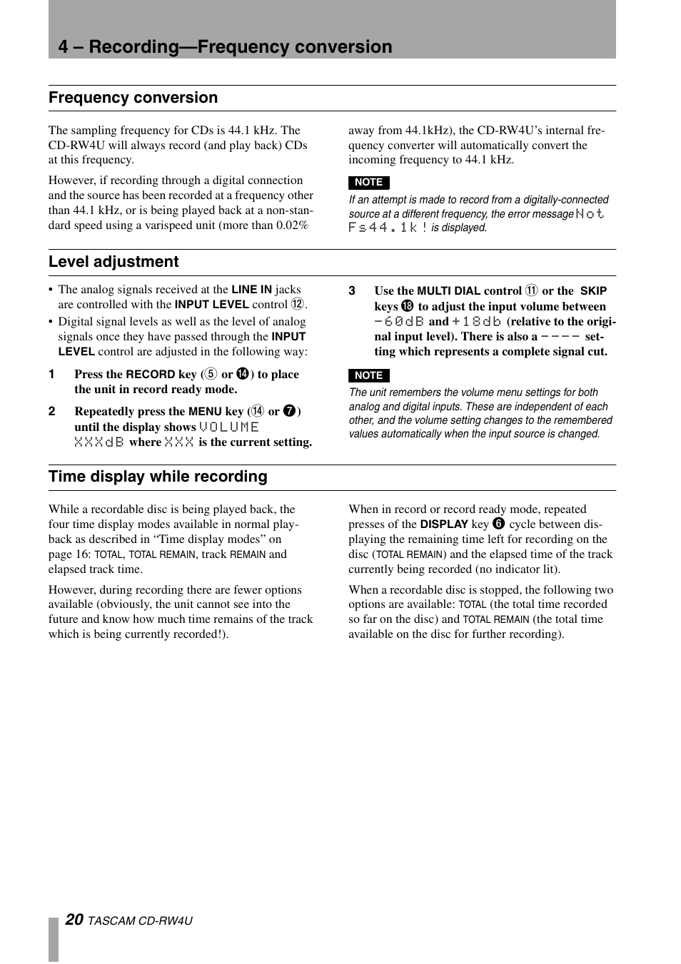 4 – recording—frequency conversion, Frequency conversion, Level adjustment | Time display while recording | Tascam CD-RW4U User Manual | Page 20 / 32