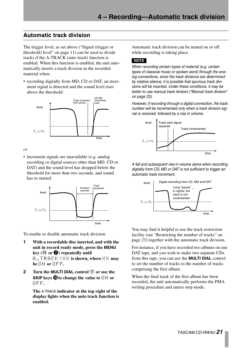 4 – recording—automatic track division, 21 automatic track division | Tascam CD-RW4U User Manual | Page 21 / 32