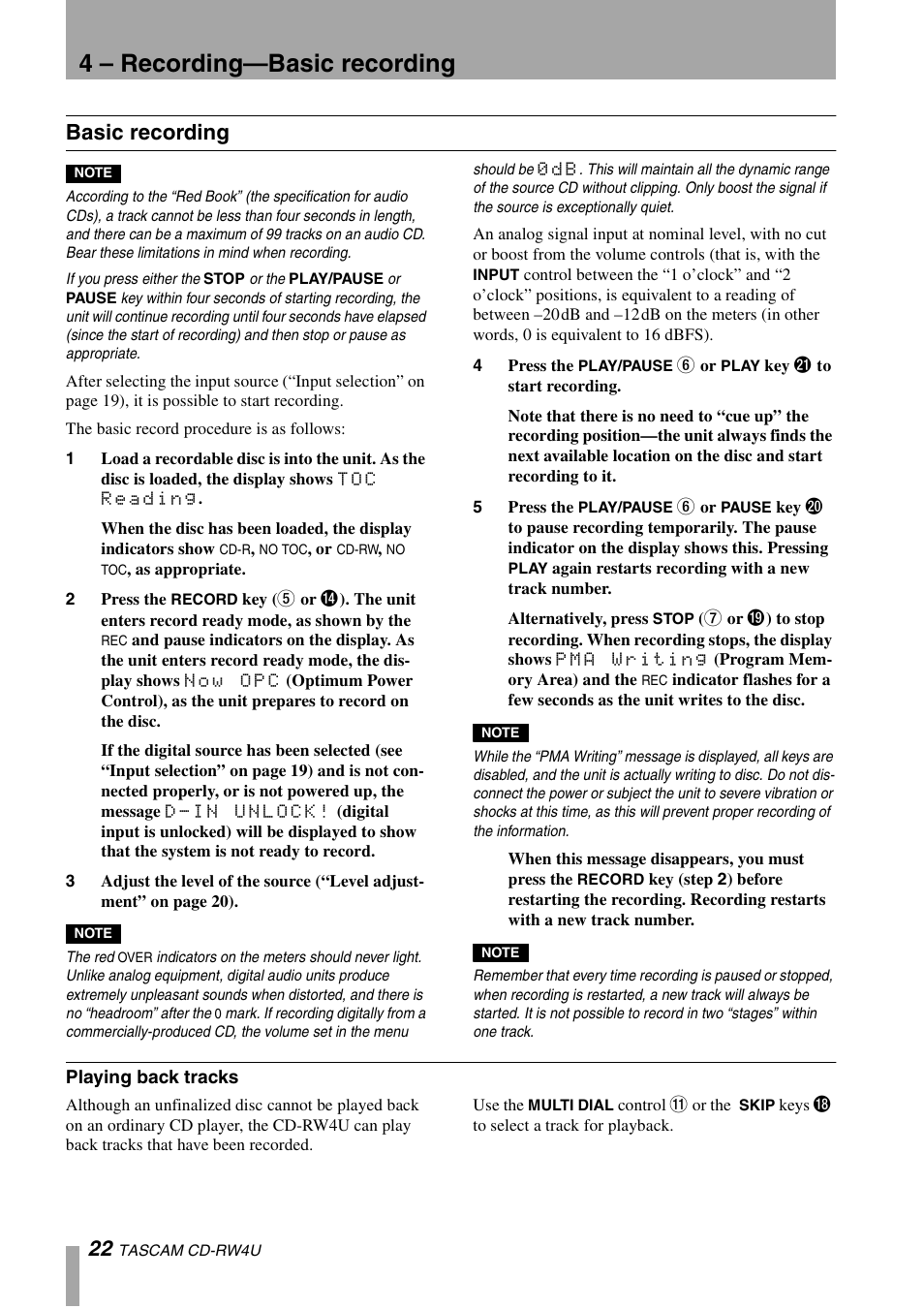 4 – recording—basic recording, Basic recording | Tascam CD-RW4U User Manual | Page 22 / 32