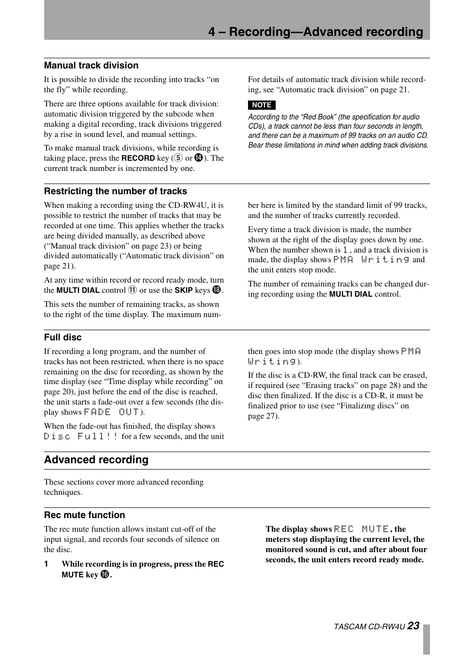 4 – recording—advanced recording, Advanced recording | Tascam CD-RW4U User Manual | Page 23 / 32