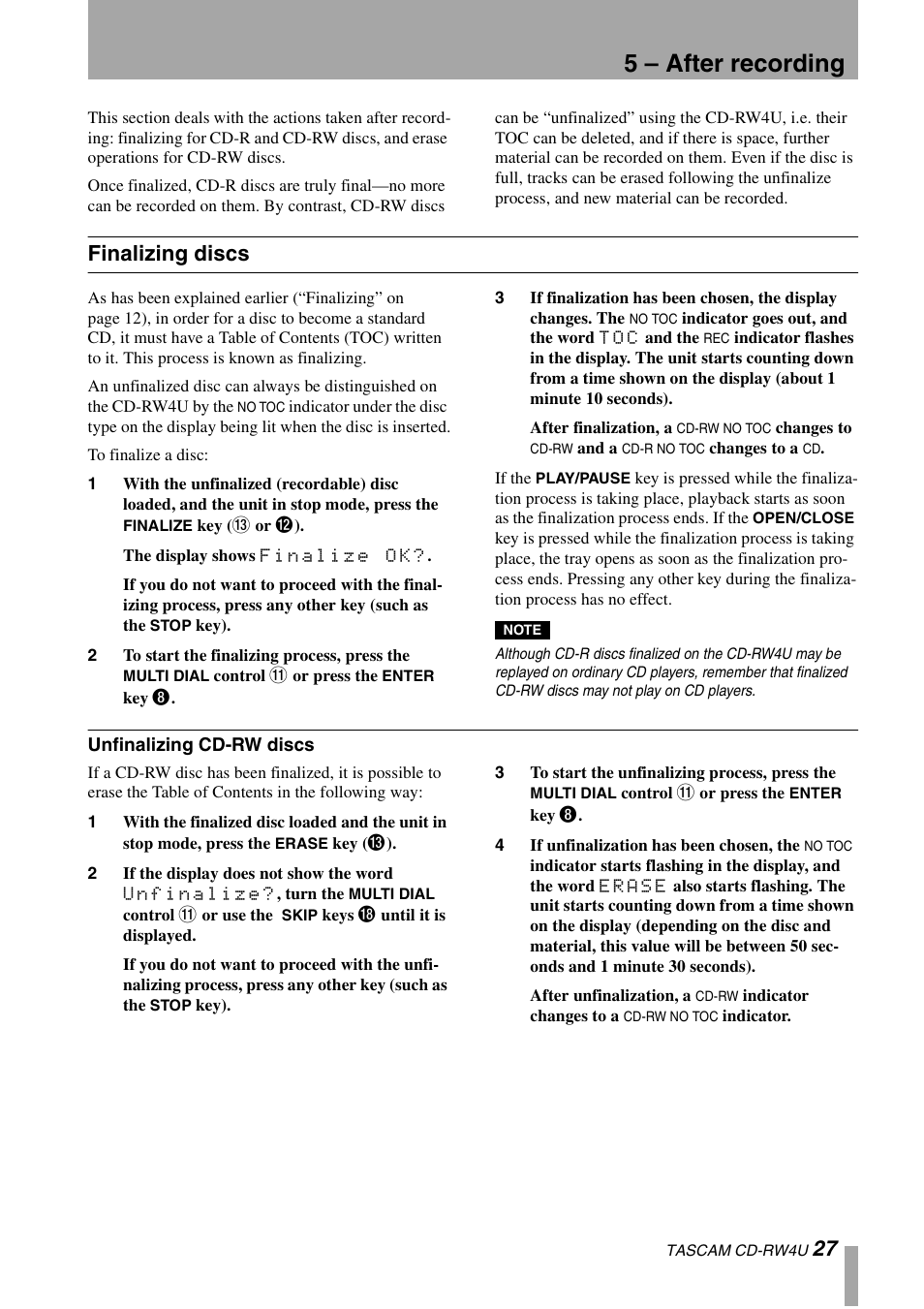 5 – after recording, Finalizing discs | Tascam CD-RW4U User Manual | Page 27 / 32