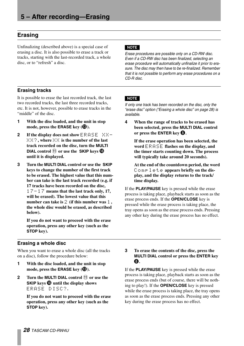 5 – after recording—erasing, Erasing | Tascam CD-RW4U User Manual | Page 28 / 32