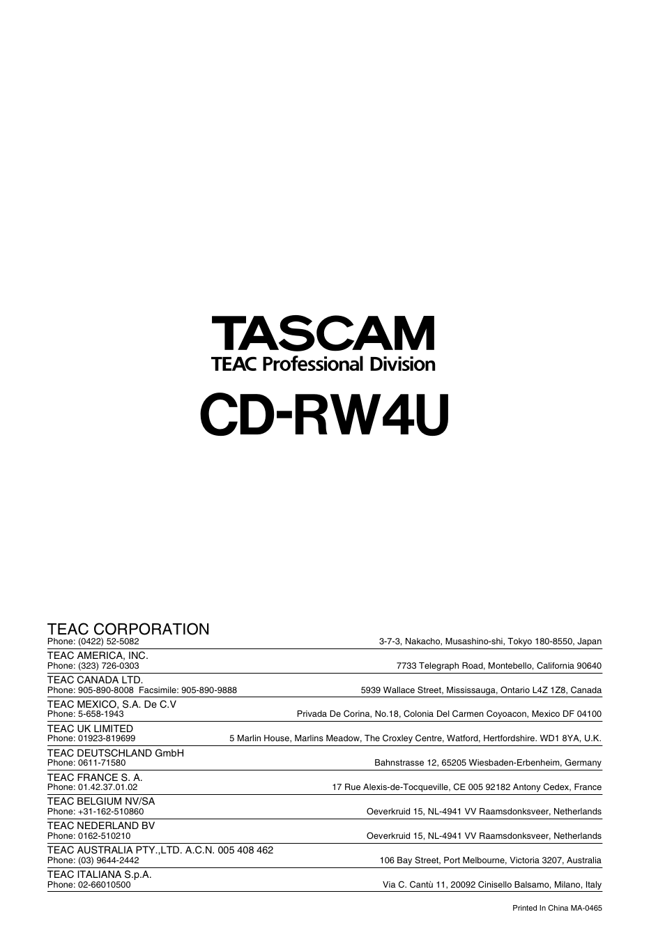 Cd-rw4u, Teac corporation | Tascam CD-RW4U User Manual | Page 32 / 32