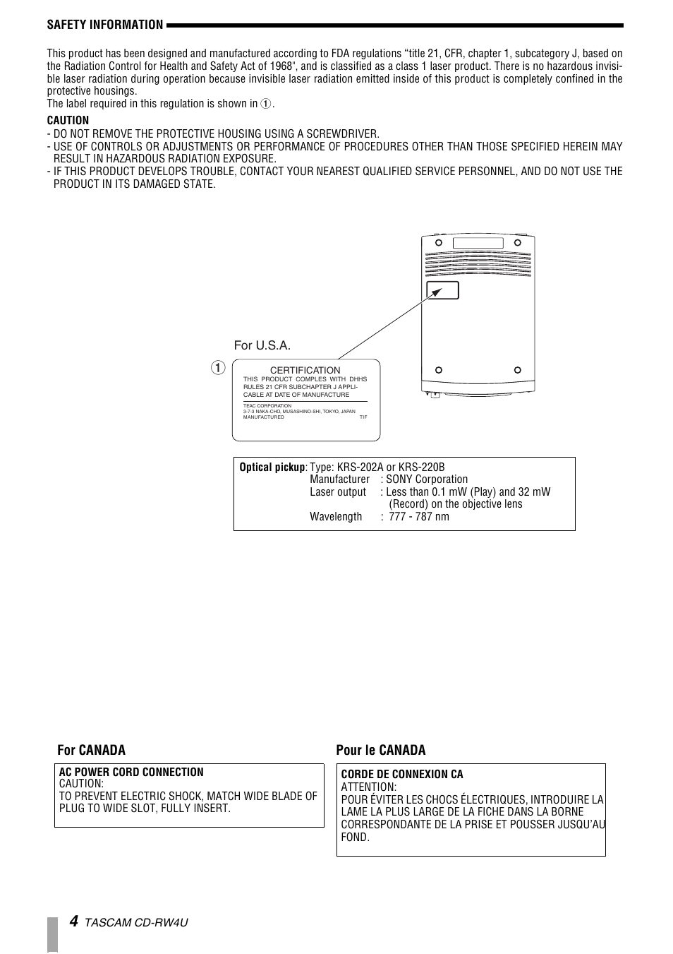 For canada pour le canada | Tascam CD-RW4U User Manual | Page 4 / 32