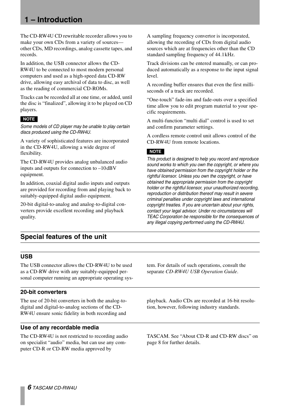 1 – introduction, Special features of the unit | Tascam CD-RW4U User Manual | Page 6 / 32