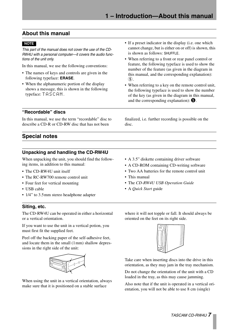 1 – introduction—about this manual, 7about this manual | Tascam CD-RW4U User Manual | Page 7 / 32