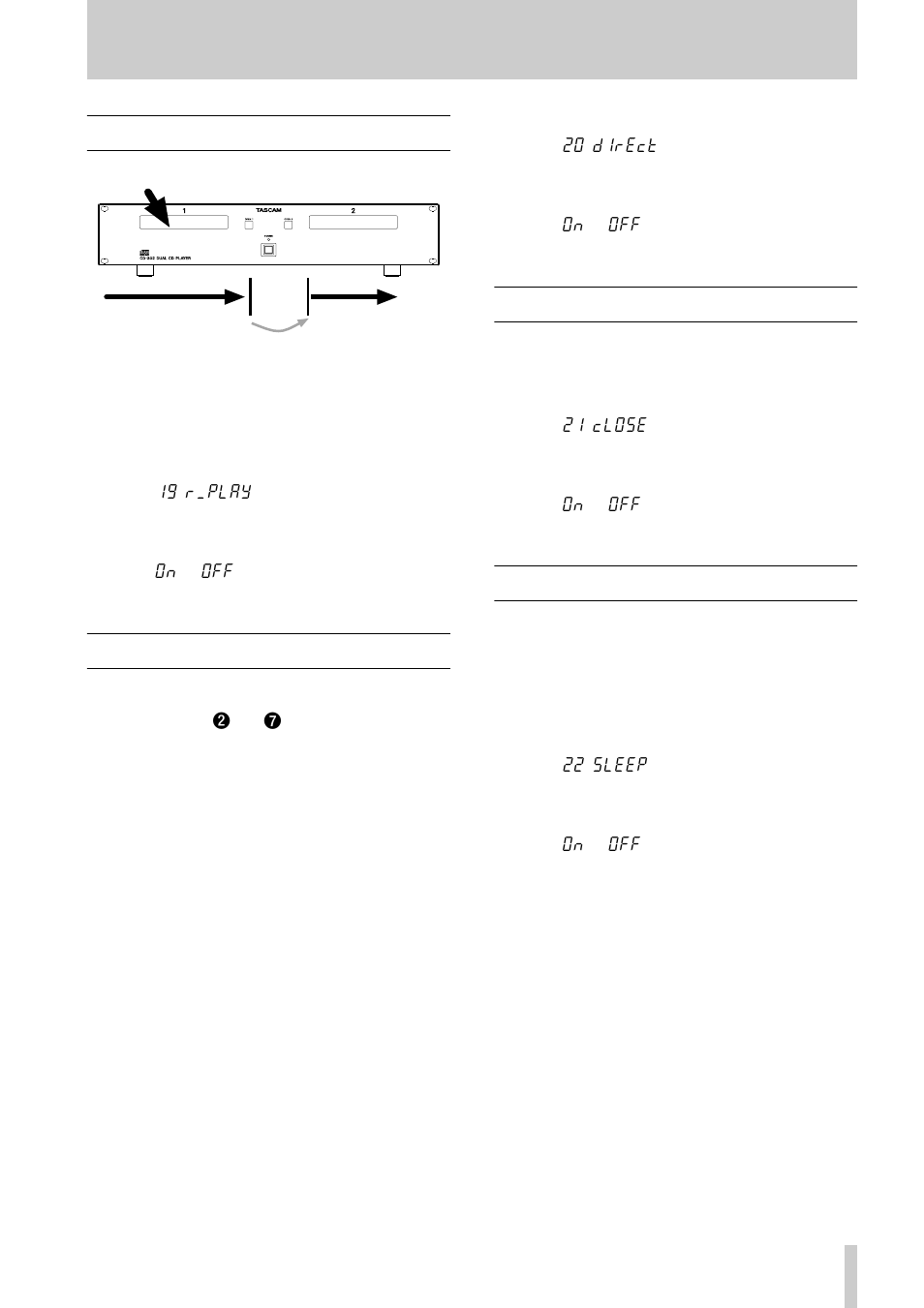 4 • advanced operations—relay play, 20 direct mode, 21 disc tray auto close | 22 sleep | Tascam CD-302 User Manual | Page 29 / 32