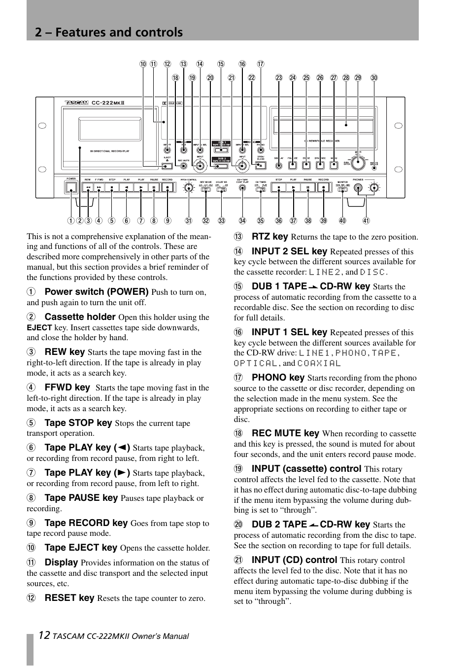 2 - features and controls, 2 – features and controls, 2, “features and controls | Tascam CC-222MKII User Manual | Page 12 / 40