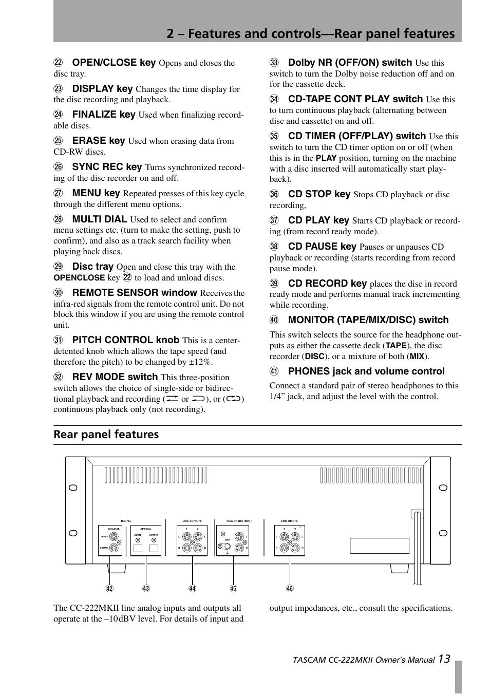 Rear panel features, 2 – features and controls—rear panel features | Tascam CC-222MKII User Manual | Page 13 / 40