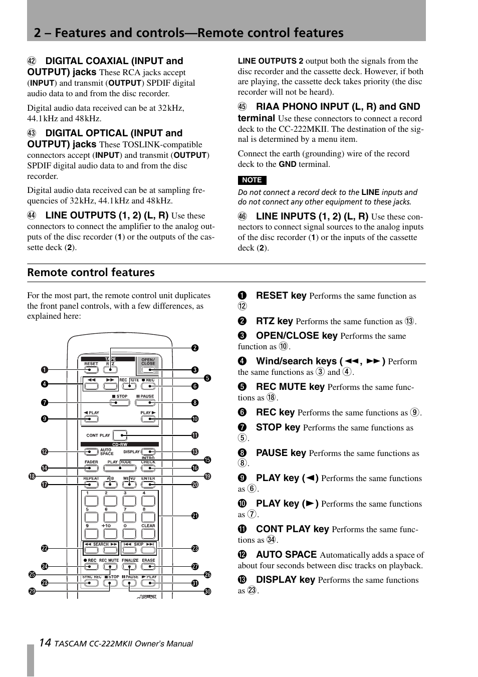 Remote control features, 2 – features and controls—remote control features | Tascam CC-222MKII User Manual | Page 14 / 40