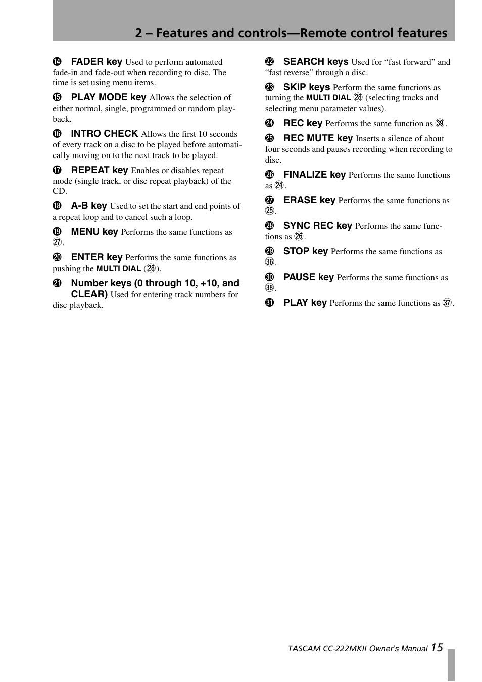 2 – features and controls—remote control features | Tascam CC-222MKII User Manual | Page 15 / 40