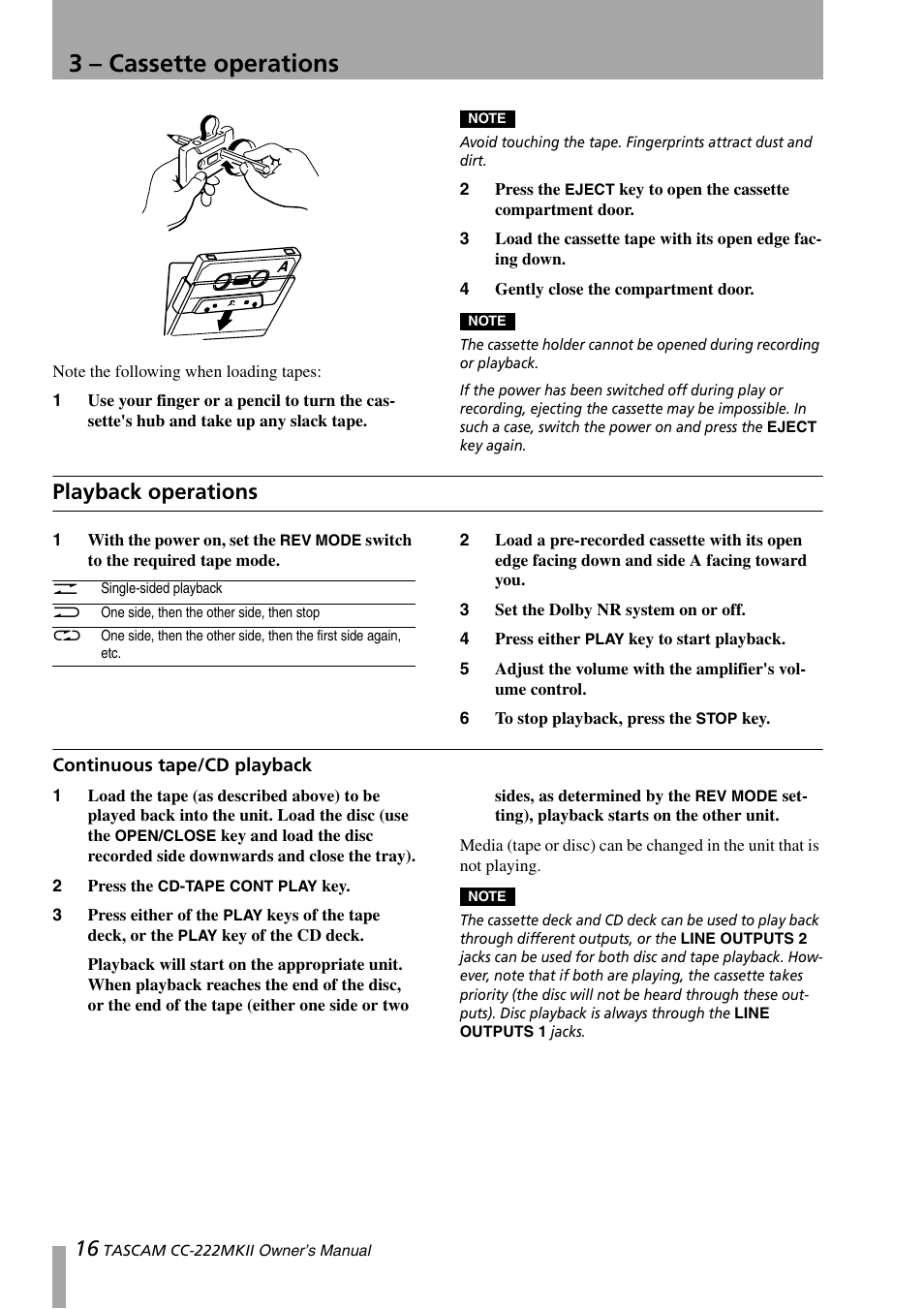 3 - cassette operations, Playback operations, Continuous tape/cd playback | 3 – cassette operations, 3, “cassette operations | Tascam CC-222MKII User Manual | Page 16 / 40