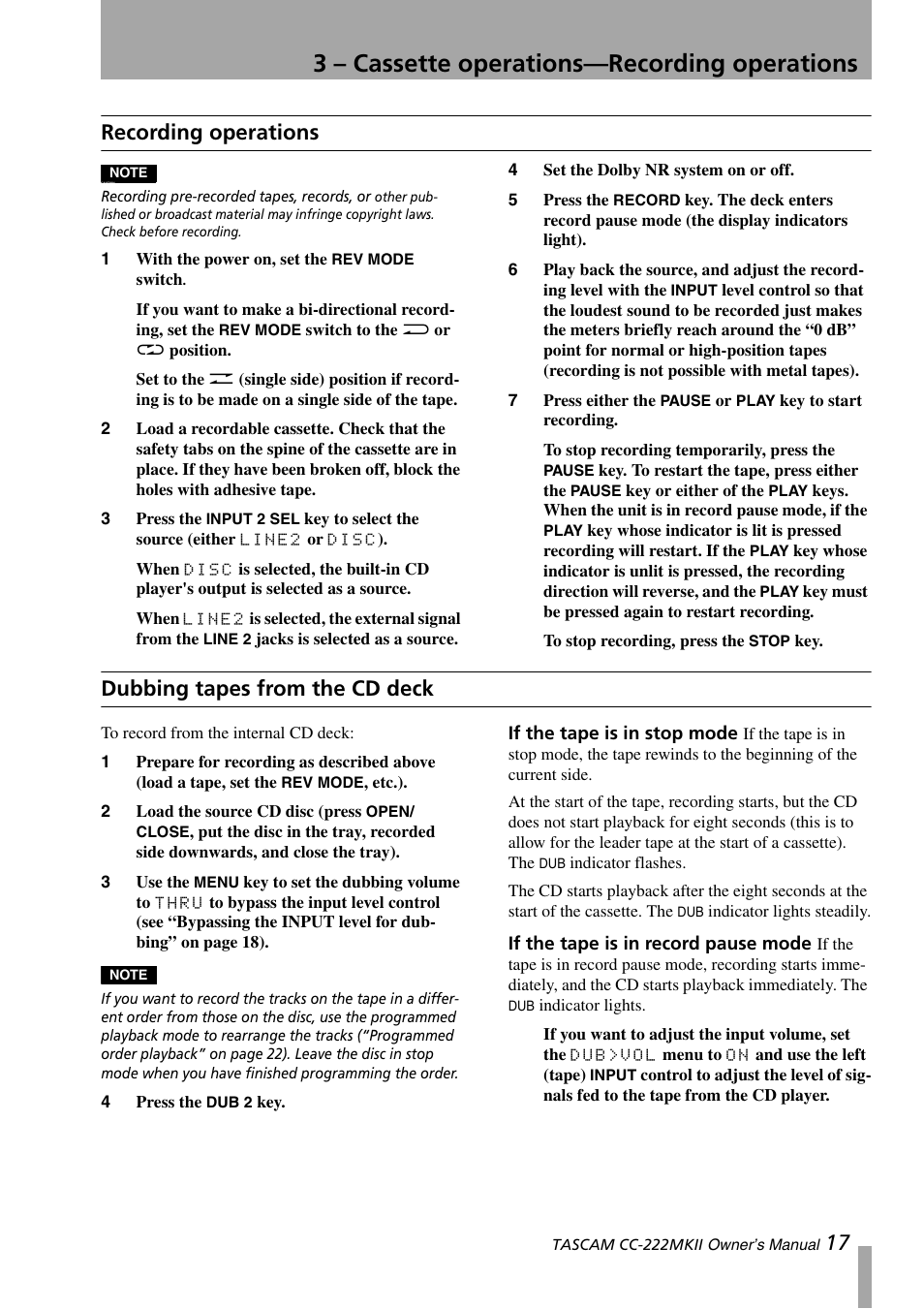 Recording operations, Dubbing tapes from the cd deck, If the tape is in stop mode | If the tape is in record pause mode, 3 – cassette operations—recording operations, 17 recording operations | Tascam CC-222MKII User Manual | Page 17 / 40