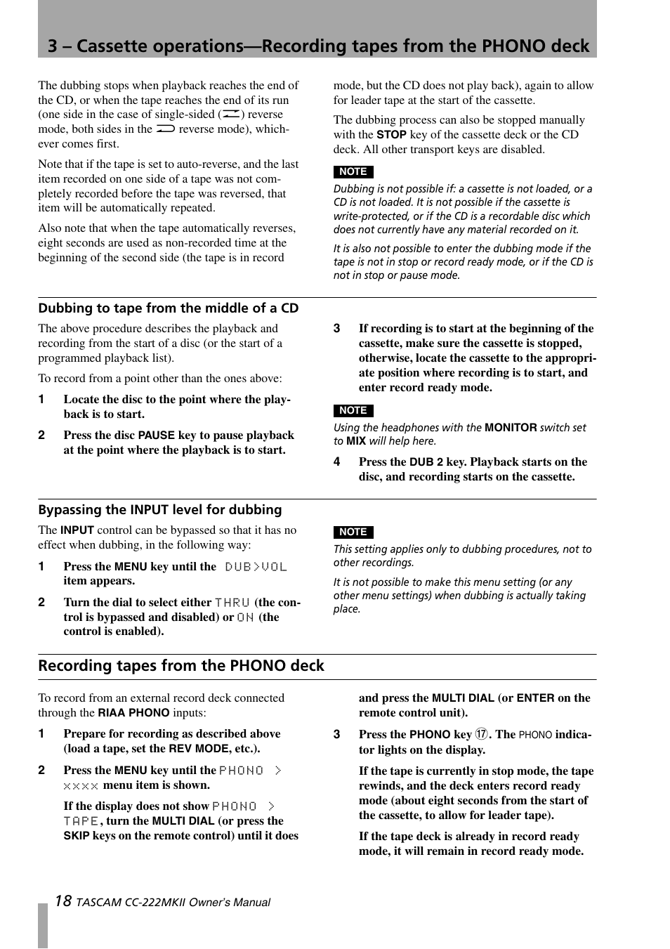 Dubbing to tape from the middle of a cd, Bypassing the input level for dubbing, Recording tapes from the phono deck | Tascam CC-222MKII User Manual | Page 18 / 40